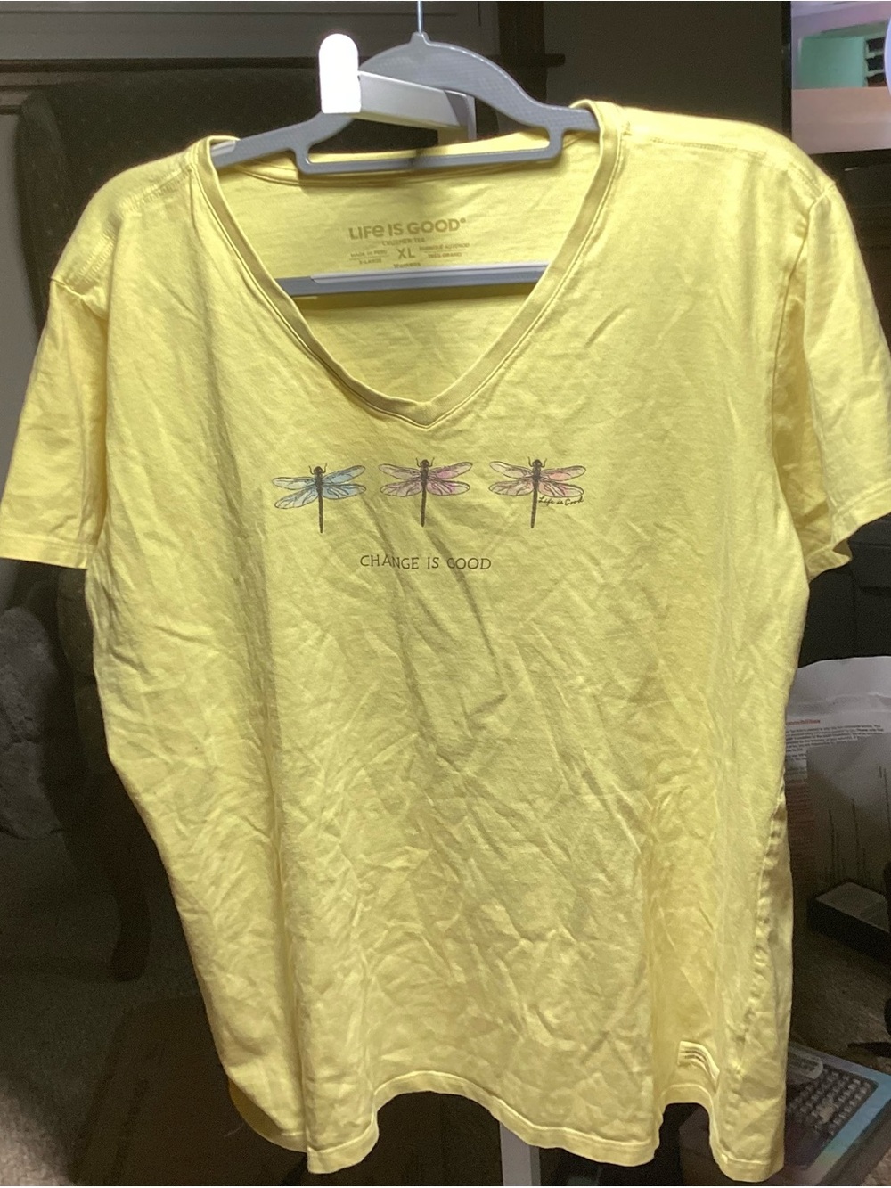 Life Is Good Yellow Dragonfly V-Neck Shirt with Embroidered Insects